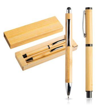 Conjunto de esferográfica e roller em bambu, estojo de oferta Bamkit